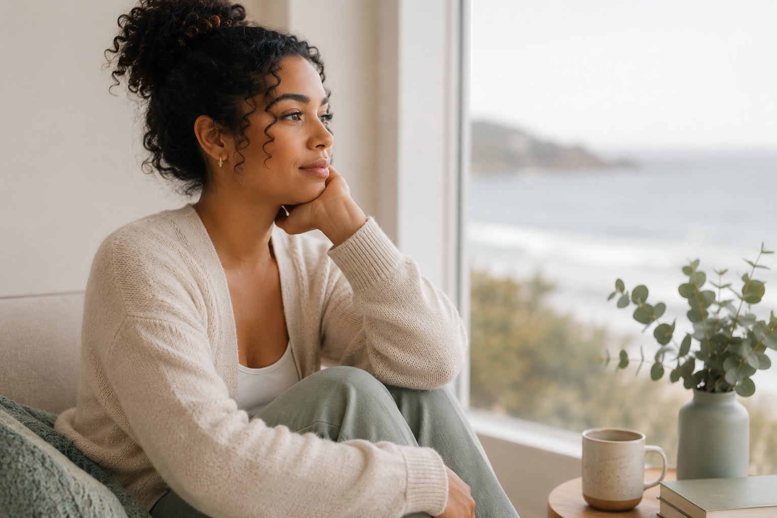 woman looking out window