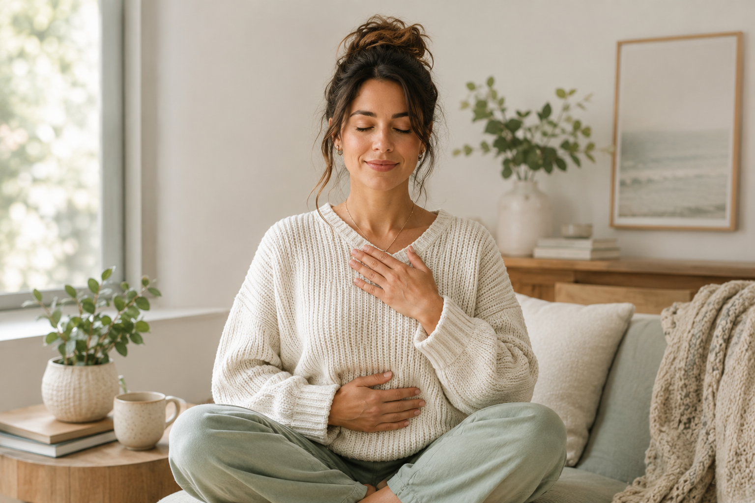 woman with hand on stomach, calm, regulated