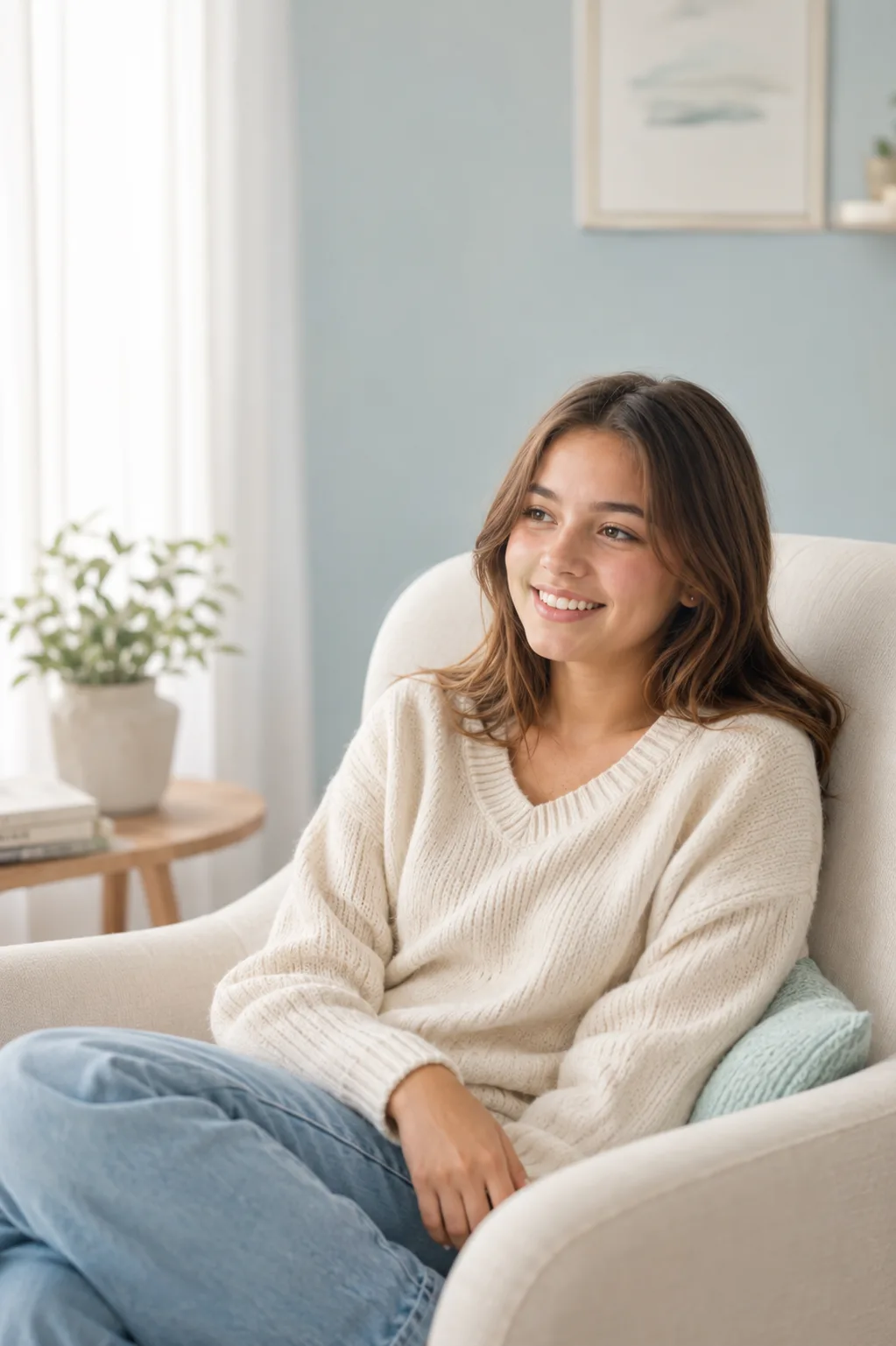 Smiling teen seated comfortably, representing teen therapy in Topsfield, Massachusetts