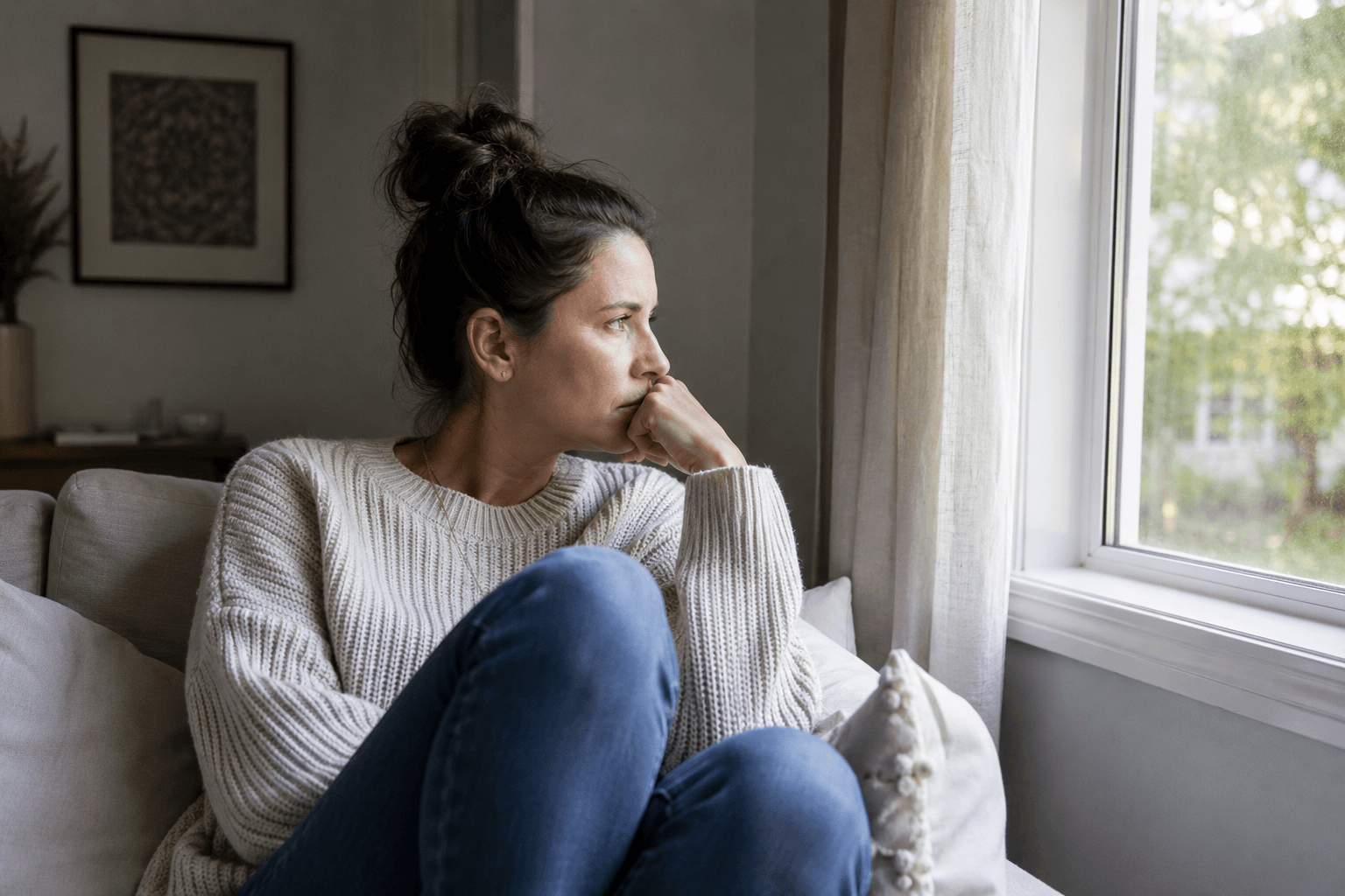 Woman sitting thoughtfully by a window, representing health anxiety