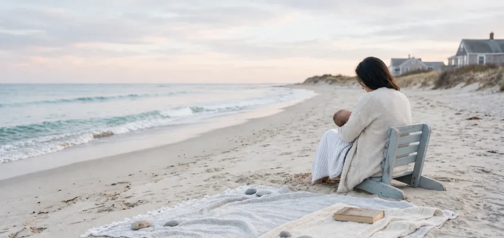 New mom Woman holding her baby on a quiet beach